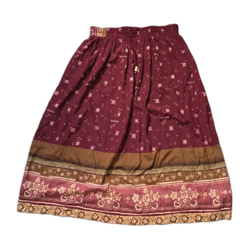VTG Suburbans Burgundy Boho Border Print Maxi Skirt Elastic Waist Size 16 EUC